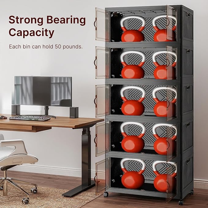 Stackable Storage Bins with Lids, 550QT Lockable Storage Cabinet | Closet Organizers, Foldable Storage Box with Doors and Wheels, Plastic Drawers for Home, Garage, Office (5, Black, Plus) - Image 8