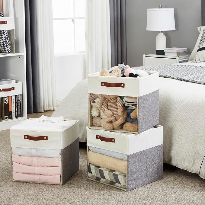 Storage Cubes, 4 Pack Linen Foldable Storage Bins with Clear Window and 2 Handles, 13x15x13 Storage Cube Bins for Shelf Closet, Kallax, Clothes, Books - (Gray / Off-White) - Image 9