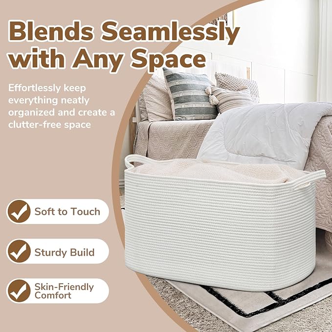 Goodpick Large Woven Rope Blanket Basket, Rectangle, White, 75L | 21.6'' x 14.9'' x 11.8'' Storage Basket for Blankets & Toys, Living Room, Bedroom & Nursery Organization, Reinforced Handles - Image 5