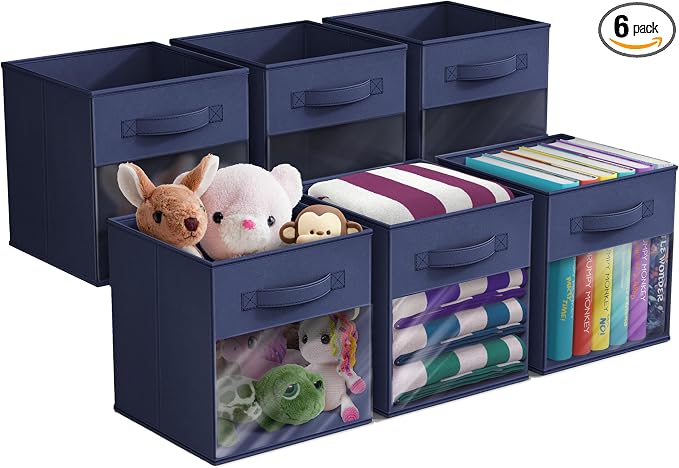 Sorbus 11 Inch Storage Bins with Clear Window - 6 Foldable Baskets for Organizing Clothes, Toys, Books - Sturdy Collapsible Fabric Storage Cubes with Handle - Storage Baskets for Shelves, Closets by Sorbus