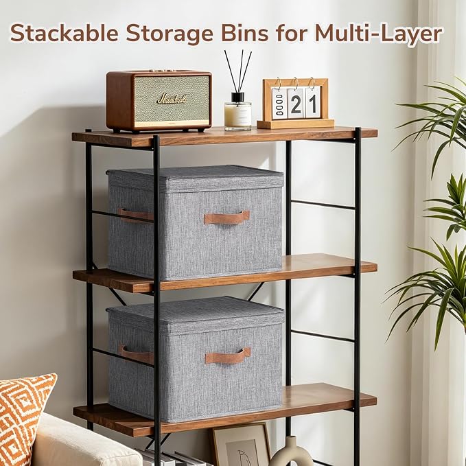CHICVITA 4-Pack Medium Fabric Storage Bins with Lids for Closet,Grey | 15" x 9.8" x 10.2" Closet Storage Bins with Durable Support Plate, Toy Storage with Handles for Playroom - Image 3