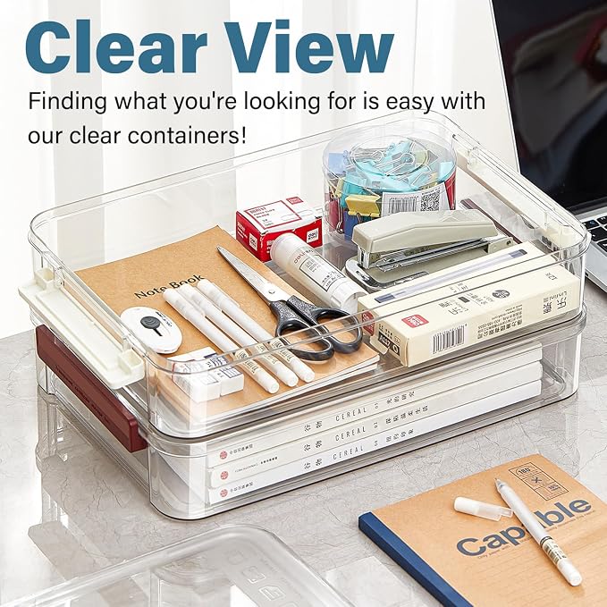 4 Pack 5.5qt 9 x 13 Clear Plastic Storage Box with Snap-Tight Latch, Stackable Organizer Container for A4 Files, Photos, Documents, Scrapbook, Crafts, and Art Supplies,Clear Storage Box With Lids - Image 3