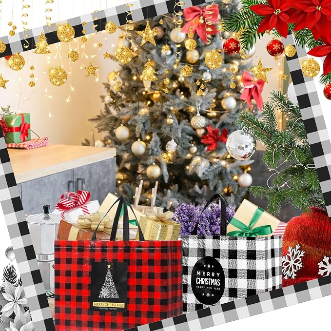 Colarr 36 Pcs Extra Large Christmas Tote Bags with Handle Xmas Gift Bag Red Black Buffalo Plaid Waterproof Reusable Bag - Image 2