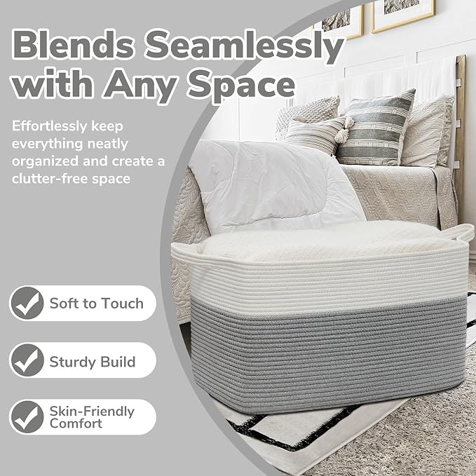 Goodpick Large Woven Rope Blanket Basket, Rectangle, White Gray | 21.6'' x 14.9'' x 11.8'' Storage Basket for Toys, Blankets & Clothes, Nursery & Bedroom Organization, Reinforced Handles - Image 5