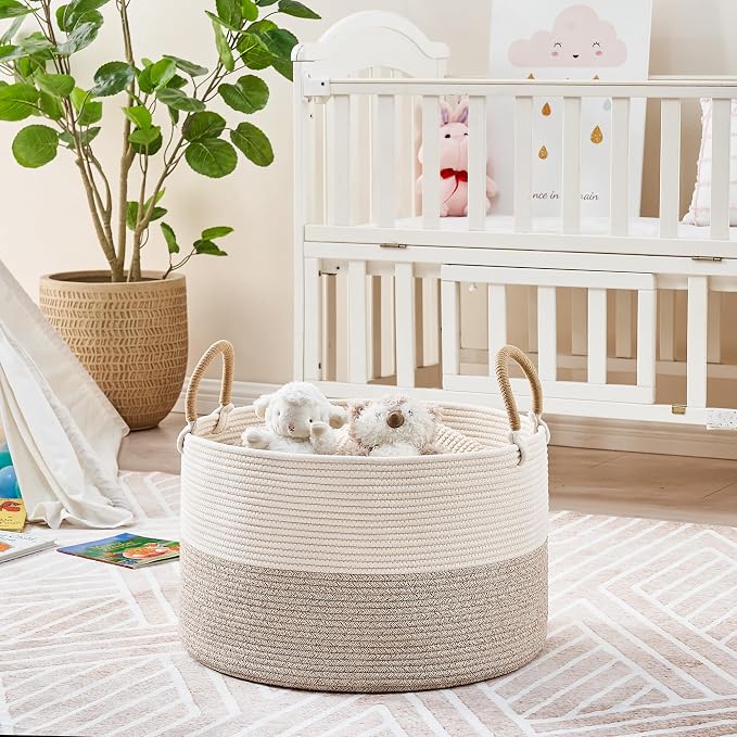 KAKAMAY Large Blanket Basket with Handles, Storage Basket for Living Room | Extra Large Capacity | Natural Cotton Rope | Blanket Storage | Woven Storage Basket | Stuffed Animal Storage | Laundry Basket - Image 3