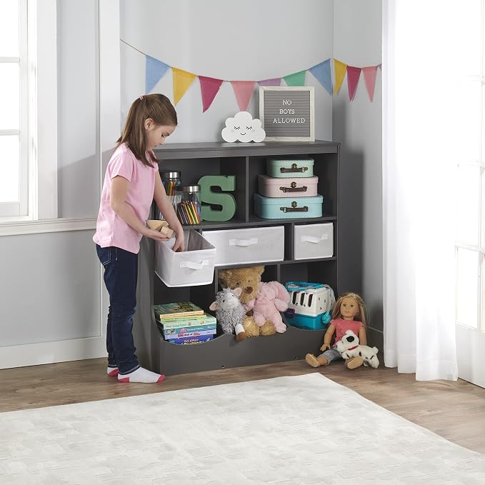 Badger Basket Combo Bin Toy Storage Unit and Book Shelf for Kids with 3 Baskets - Charcoal | Kids storage organizer with 3 removable baskets, open shelves, and top display surface for toys and books - Image 6