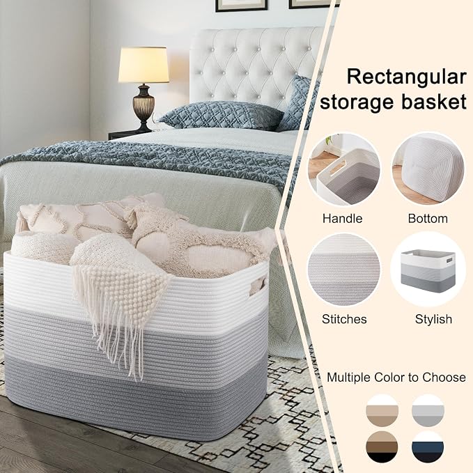 OIAHOMY 118L Extra Large Blanket Basket, Rectangle Woven Cotton Rope Storage Basket, Used for storing Dirty Clothes, Stuffed Animal Toy Storage for Living Room,Kids Room,25" x 17" x 16", Gradient Grey - Image 5