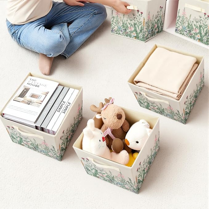 6 Pcs Wild Floral Cube Storage Bins 12.5 Inch Flower Storage Basket with Handle, Beige Collapsible Fabric Box for Classroom Bedrooms Office Home Decoration - Image 6