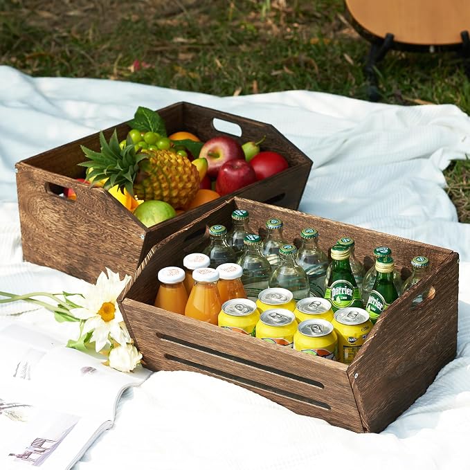 Rustic Wooden Crate, 2 Pack, Brown, Large, 16.5x12.7x9 Inches, Holds Up to 45 Pounds, Decorative Farmhouse Wooden Crate Basket for Storage and Display - Image 9