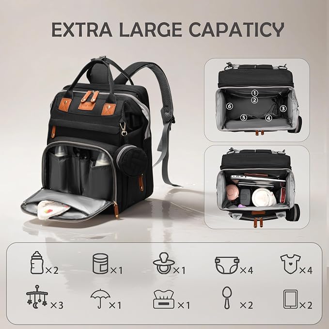 Diaper Bag Backpack with Changing Station, Waterproof for Travel, Black - Image 5