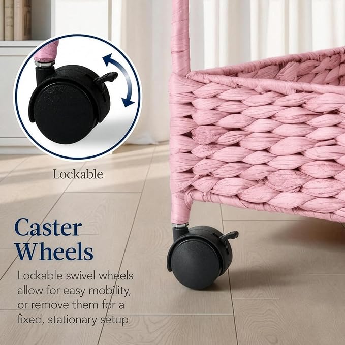 Best Choice Products 3-Tier Water Hyacinth Rolling Nursery Caddy w/Wheels, Utility Cart, Storage Organization for Bathroom, Craft Room, Laundry Room - Pink - Image 8