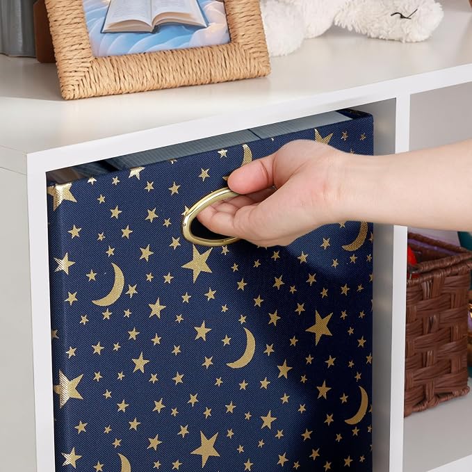 Posprica 13x13x13 Storage Cube Bins, Collapsible Storage Bins Fabric Storage Cubes Organizer Baskets Box Drawers for Shelves, Closet, Wardrobe, Bookshelf, Cabinet, Blue-Moonstar, 4 Pack - Image 6