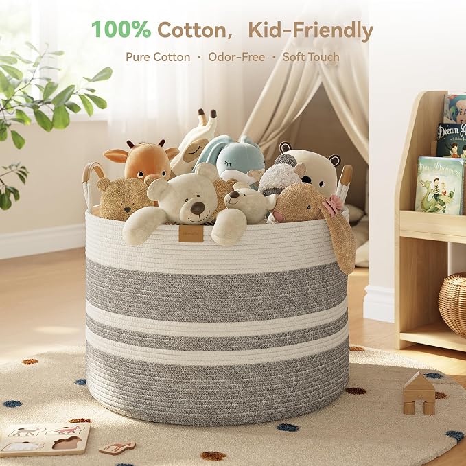 Nunsino 115L Woven Blanket Basket with Leather Handles, Cotton Rope Laundry Basket Hamper,Decorative Nursery Basket Toy Storage Basket for Kids, Living Room, Bedroom,Gray White Stripes - Image 3