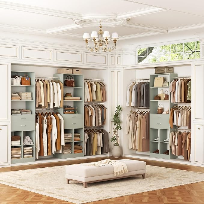 Besiost Closet System, 4-8 FT Closet Organizer Tower with 2 Wooden Drawers and Shelves, Can Fit 60 to 96 inch Walk-in Closet System with 5 Hang Rods, Built-in, Crab Green - Image 2