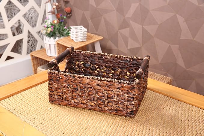 Water Hyacinth Wicker Storage Basket with Wood Handles, Large | Rectangular dark brown woven rattan basket, for shelves, kitchen countertops, closet, holds magazines, toilet paper - Image 2