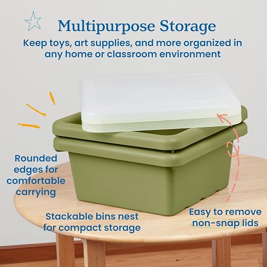 ECR4Kids Stackable Square Bins with Non-Snap Lids, Multipurpose Organization, Fern Green, 2-Pack - Image 4