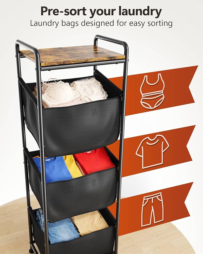 3 Section Laundry Sorter with Removable Bags, 120L Vertical Laundry Hamper with Shelf, Stackable Laundry Baskets organizer for Bathroom, Apartment, Dorm (Black, With Shelf) - Image 2