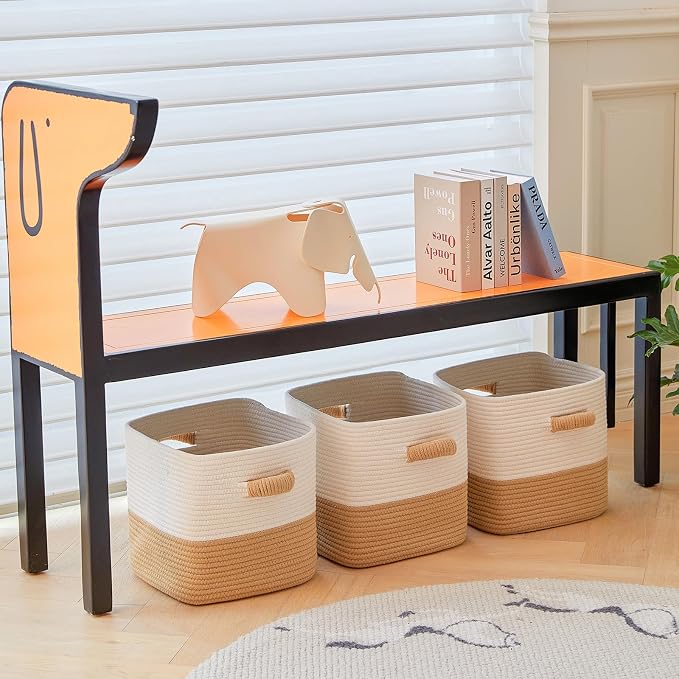 R RUNKA Storage Cube Baskets for Organizing -3 Pack -11 inch Square Baskets for Cube Storage, Closet Storage Bins-Woven Cube Storage Bins for Shelves- Ideal for Toy Storage |White & Khaki - Image 6