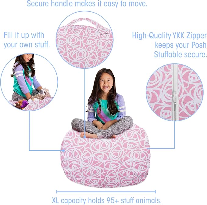 Posh Creations Kids Stuffed Animal Storage Bean Bag Chair Cover - Childrens Toy Organizer, Large-38in, Canvas Roses Pink - Image 2