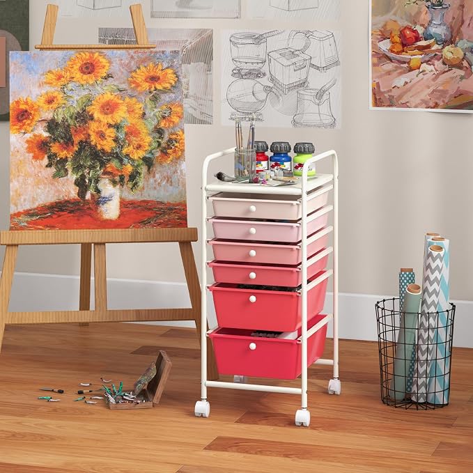 Giantex 6 Storage Drawer Cart Rolling Organizer Cart for Tools Scrapbook Paper Home Office School Multipurpose Mobile Utility Cart (Pink Gradient) - Image 4