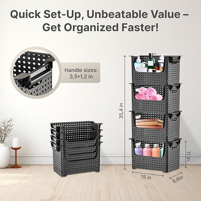 Large Stackable Storage Bins Open Front for Pantry Storage, 4 Pack - Black | Sturdy Plastic, Easy Stacking, Open Front Access, Ventilated Sides, Vertical & Space Saving Pantry Organizers and Storage Bin - Image 4