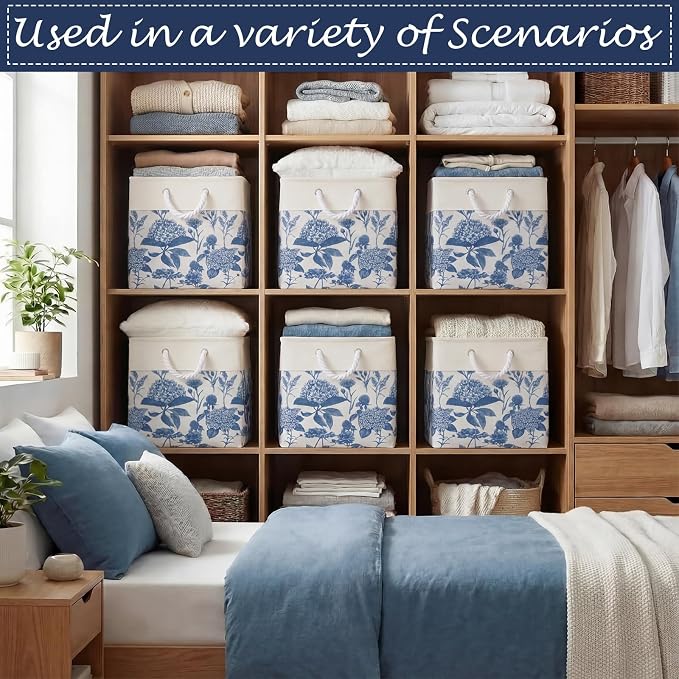 LemonRoad 6 Pcs Blue Hydrangea Cube Storage Bins 11.22 Inch Square Storage Basket with Handle, Preppy Girls Organizer Basket, Collapsible Fabric Box for Classroom Bedrooms Office Home Decoration Gift - Image 3