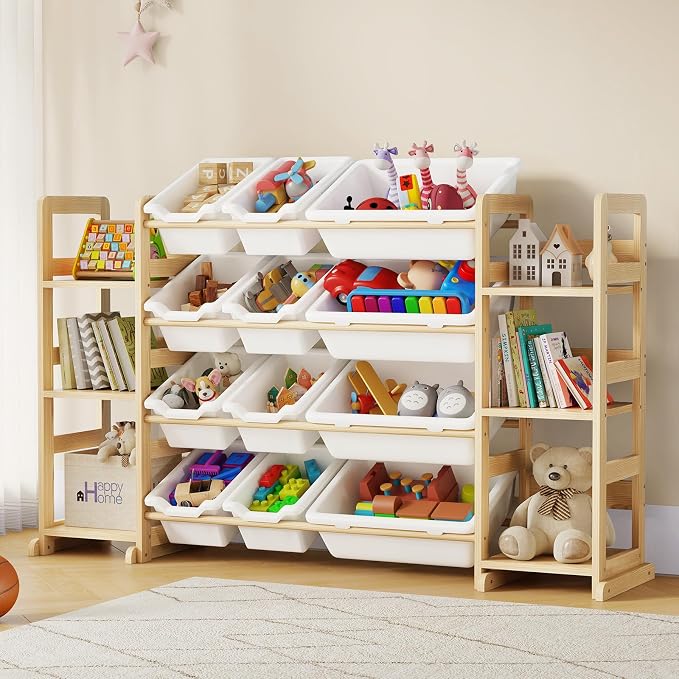 EXPERLAM Extra Large Toy Storage - Toy Storage Organizer, Wooden Toy Organizer with 6 Side Shelves and 12 Bins, 3-in-1 Bookshelf for Kids Rooms, Playroom, Nursery, White by EXPERLAM