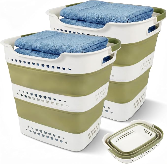 2 Pcs 42L/11.2 Gal Collapsible Laundry Basket - Foldable Plastic Pop Up Hamper with Handles, Space-Saving Storage Organizer for Wet & Dry Clothes, Ideal for Home, Dorm and Apartment Use Green by BATTOO