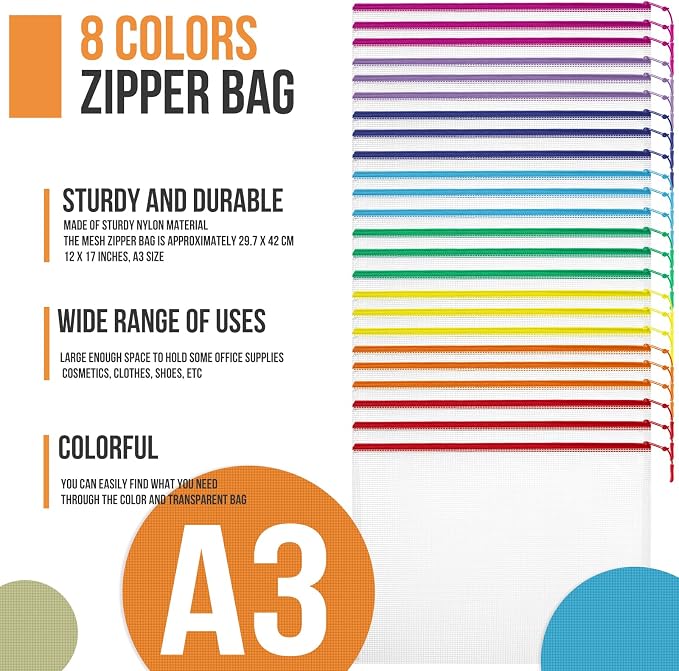 YOPCDJ 24pcs Mesh Zipper Pouch File Bags Puzzle Storage Bags, A3 17x12 Inches Large Reusable Zipper Pouches for Organizing Classroom Board Game Organization (Pack of 15) - Image 7