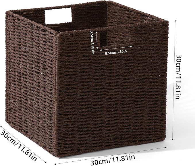 Set of 2 Hand-Woven Paper Rope Wicker Baskets,12x12x12in Storage Basket, Foldable Cube Storage Bins, Brown Storage Cubes, Square Baskets for Organizing Shelves Decor - Image 3