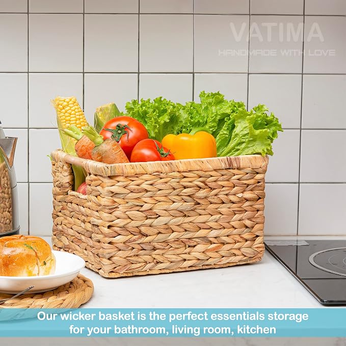 Natural Water Hyacinth storage basket with Handle, Rectangular Organizing Basket for Organizing, Decorative Wicker Storage Bins for Living Room, Medium Wicker Baskets - 3 Pack Medium - Image 5