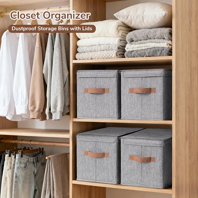 CHICVITA 4-Pack Medium Fabric Storage Bins with Lids for Closet,Grey | 15" x 9.8" x 10.2" Closet Storage Bins with Durable Support Plate, Toy Storage with Handles for Playroom - Image 2