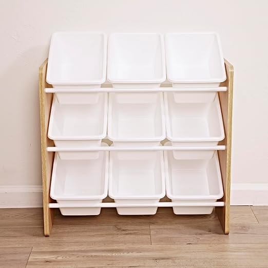 ECR4Kids 3-Tier Organizer with 9 Removable Plastic Bins, 3x3, Toy Storage, Dark Natural/White | Durable plastic bins, MDF panels, steel frame, GREENGUARD Gold Certified, 27 lb capacity, anti-tip kit, playroom/classroom - Image 9