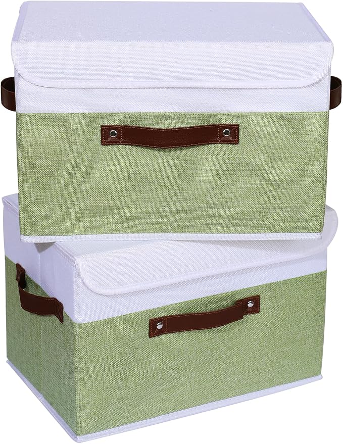 ANMINY Fabric Storage Box Bins with Lids, Green White, 15"x10"x10", 4 Pack | Keepsake Memory Storage, Cotton Linen, PP Board Reinforced, Washable, PU Handles, Foldable & Stackable, Decorative, Large - Image 8