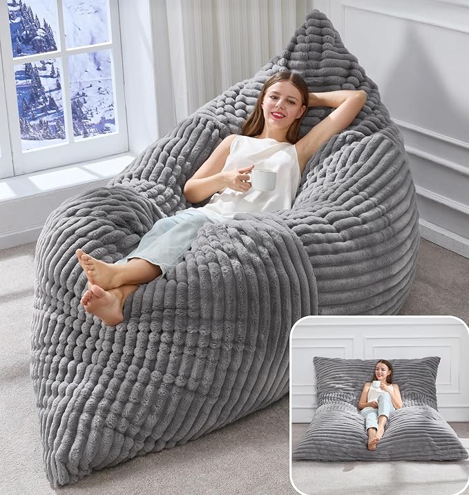 Hobestluk Adult Bean Bag Chair 3 in 1 Convertible Large Bean Bag Sofa | Striped Grey,Machine Washable,Removable Cover,Easy Convert And Install, Oversied Floor Bed,For Livingroom Bedroom by YourHomeDeservesMore