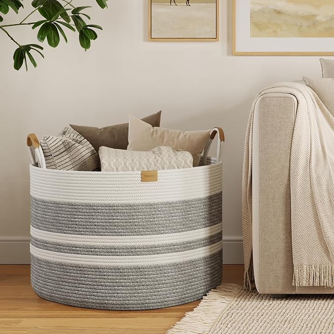 Nunsino 115L Woven Blanket Basket with Leather Handles, Cotton Rope Laundry Basket Hamper,Decorative Nursery Basket Toy Storage Basket for Kids, Living Room, Bedroom,Gray White Stripes - Image 2