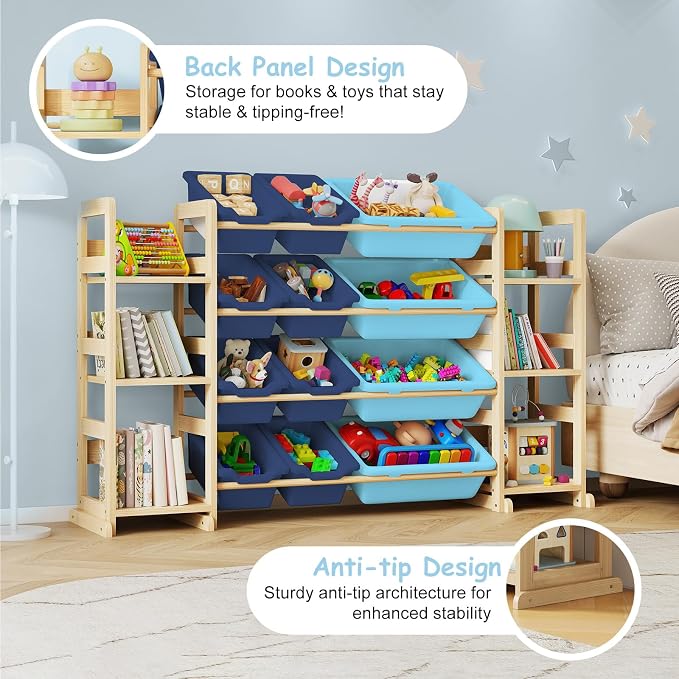 EXPERLAM Extra Large Toy Storage - Toy Storage Organizer, Wooden Toy Organizer with 6 Side Shelves and 12 Bins, 3-in-1 Bookshelf for Kids Rooms, Playroom, Nursery, Blue - Image 7