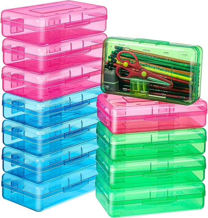 Fainne 24 Pack Clear Plastic Pencil Box,Red, Blue, Green | Stackable Organizer for School Supplies, Large Case for Crayons Markers, Snap-lid Keeps Stationery Secure, Bulk Set by Fainne