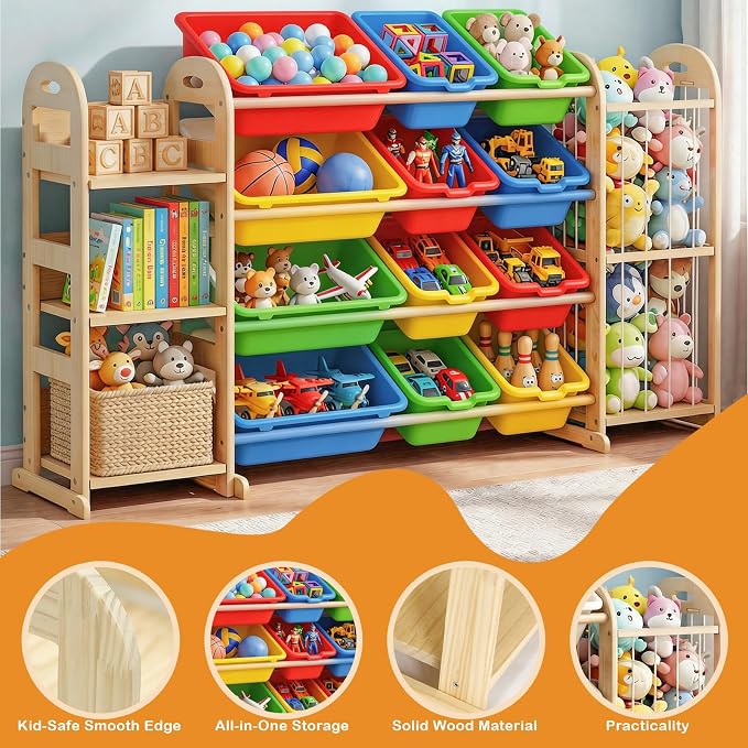 Kids Toy Storage Organizer, Toy Organizers and Storage with Stuffed Animal Storage, Toy Storage Shelf with 3 Shelves, 12 Storage Bins, Kids Bookshelf, Toy Holder for Playrooms, Bedrooms, Multi Color - Image 6