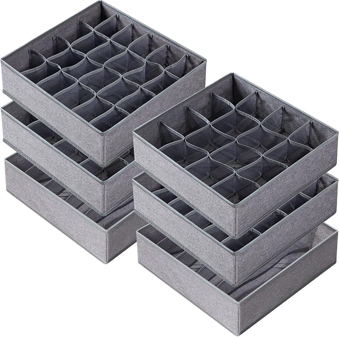 6 Pack Large Drawer Organizer for Sock Underwear - Washable Heavy Duty Fabric Closet Organizers and Storage Bins - 90 Cells Dresser Organizer Divider for Baby Clothes, Ties, Belt (Grey) by Criusia