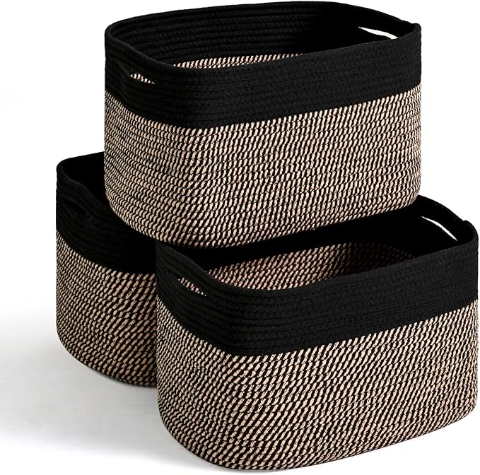 Storage Baskets for Organizing Shelves, Woven Cotton Rope Bins for Organization, Dog Toy Organizer for Shelf Living Room Bedroom, 14.8"×11"×9.5", Pack of 3, Black & Jute by Unknown