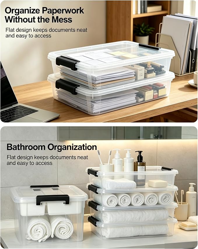 EOENVIVS Clear Flat Storage Bins with Lids, Teal-Blue Buckle Stackable Transparent Storage Boxes, Versatile Sensory Boxes Organizer for Office Home Apartment Dorm Art Craft Daily Storage 6-Pack - Image 6