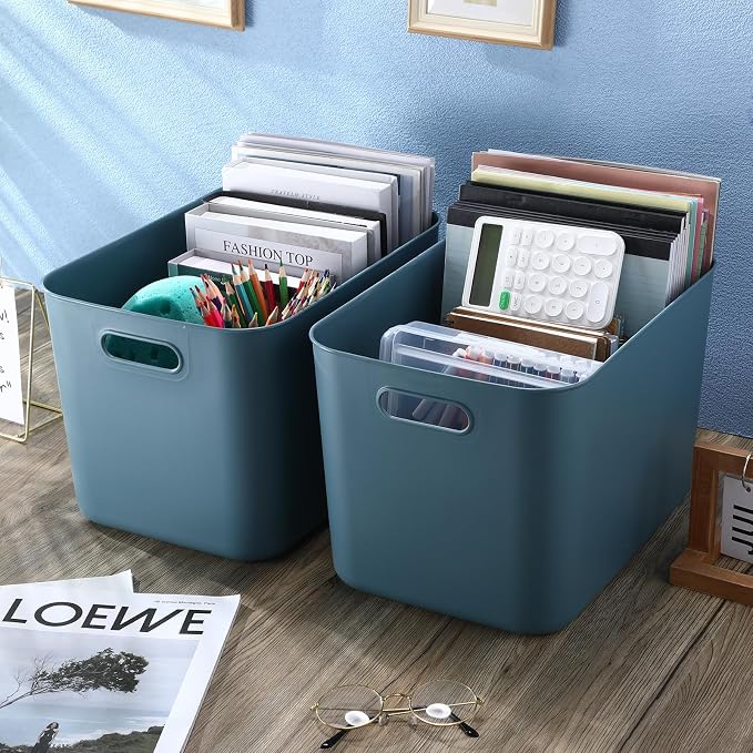 8 Pack Storage Bins, 14.2 X 10.2 X 9.5 Inch Blue | Plastic Stackable Containers with Lid Handle, For Shelves Desktop Playroom Office, Organizing Toys Books Supplies Storage - Image 4
