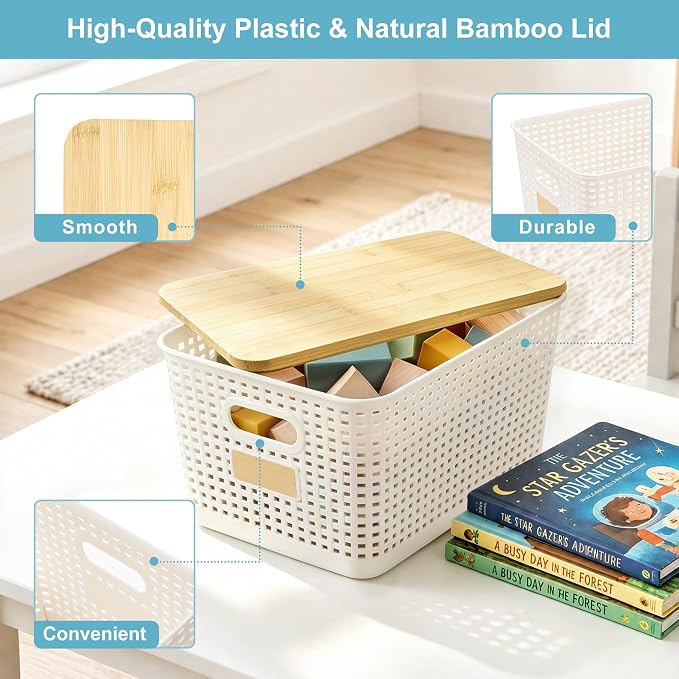 2 Pack Tall Plastic Storage Bins with Bamboo Lids, 10.8qt Stackable Storages Baskets for Organizing Desktop Closet Playroom Classroom Office, 12"L x 8.3"W x 6.1"H, Cream White - Image 2