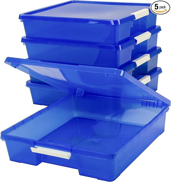 Storex Classroom Craft Project Box – Stacking Plastic Organizer Fits 12x12 Scrapbooking Paper, Blue, 5-Pack (63203U05C) by Storex