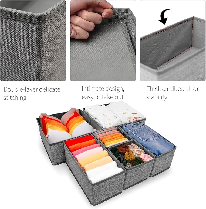 8 Pack 11 inch Fabric Storage Cubes with 6 Pack Bra Sock Underwear Drawer Organizer for Clothing Organization and Storage - Image 7