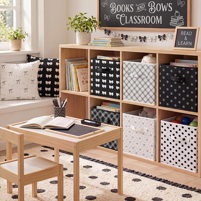 Glooglitter 6 Pcs Coquette Black Bow Storage Bins with Handles 11 Inch Foldable Classroom Storage Cubes Polka Dot Organizer Baskets Black and White Collapsible Organizer Bins for School Classroom Dorm - Image 5