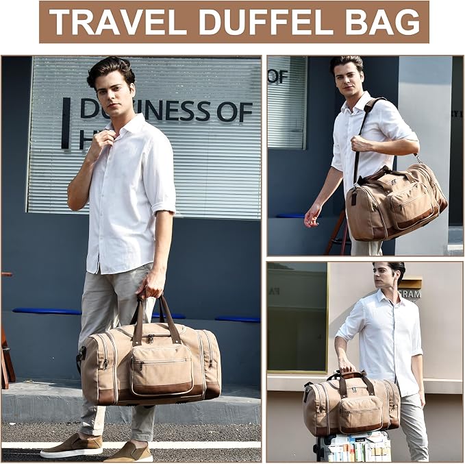 Litvyak 50L Canvas Duffle Bag for Travel Weekender Gym Overnight Carry-on | Expandable, Eco Certified, Leather Accents, Toiletry Bag Inclued, Travel Weekend Luggage Sports Duffel Bag for Women Men - Image 2