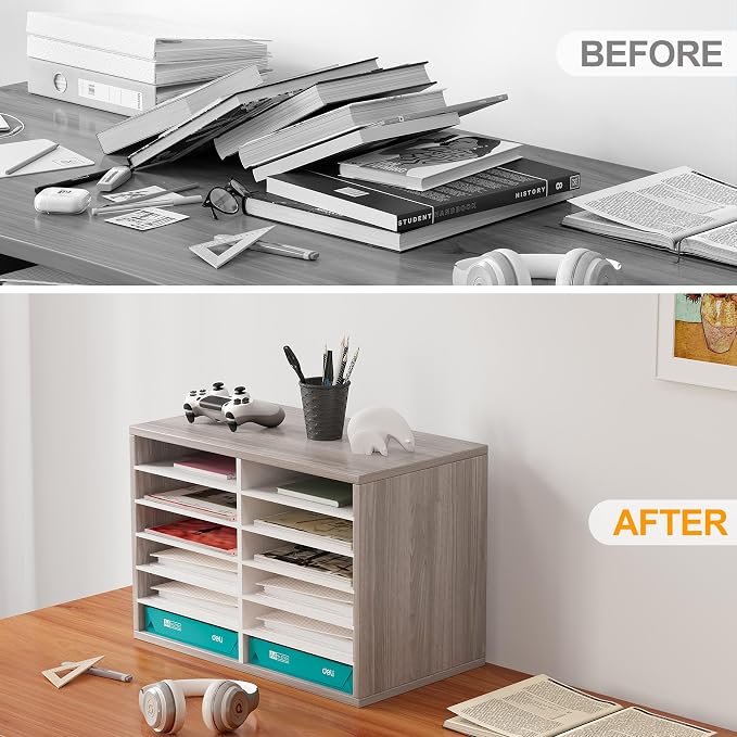 EasyPAG 12 Compartments Wooden Literature Organizer with Adjustable Shelves, 6000 Sheets Capacity Paper Organizer, Classroom Mailbox and Mail Sorter for Teachers and Office, Retro Gray/White - Image 4