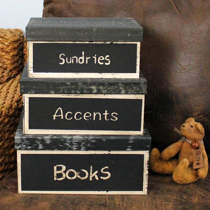 Primitive Vintage Rectangular “Sundries, Accents, Books” Cardboard Nesting Boxes, Large 12 X 9 X 5-1/2 Inch. Set of 3. - Image 5
